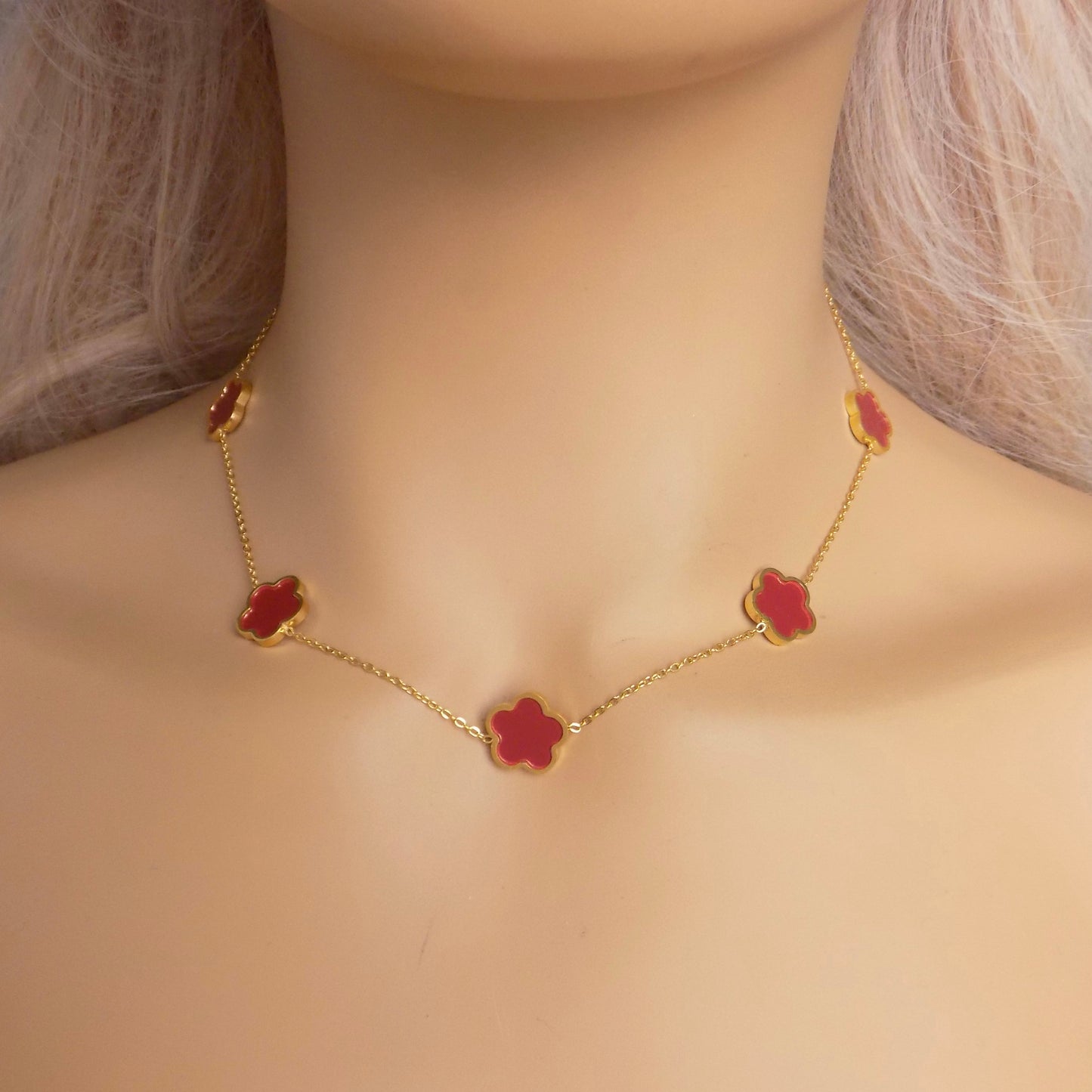 Red Clover Necklace 18K Gold Stainless Steel 5 Motif Flower Chain