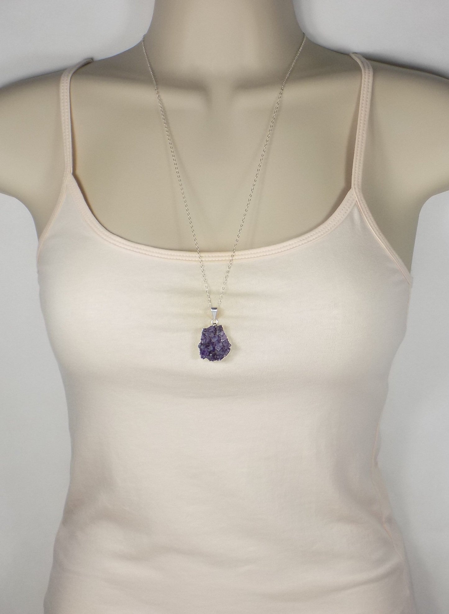 Raw Amethyst Necklace Sterling Silver Chain - Purple Druzy Necklace