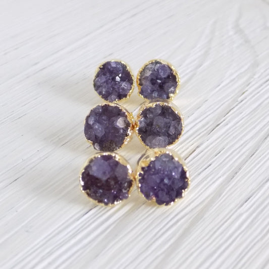 Raw Amethyst Earrings Studs - Deep Purple Raw Stone Earrings