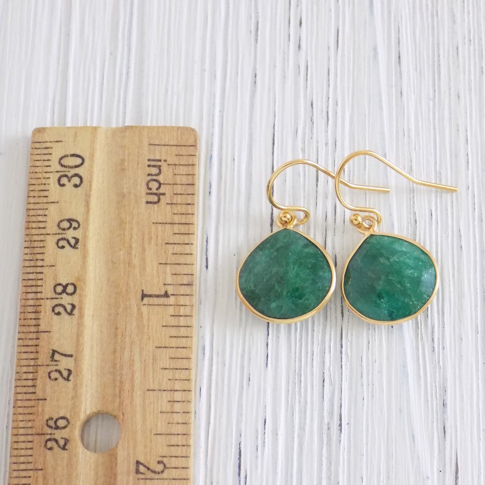 Emerald Gemstone Earrings Gold, Dark Green Genuine Raw Emerald Drop, Mothers Gift, M1-21