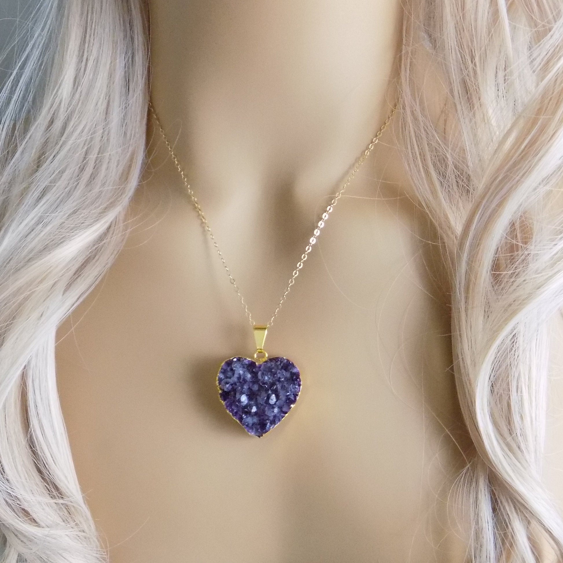 Heart Necklace, Amethyst Gemstone Necklace, Druzy Pendant, Gift Women, R11-06