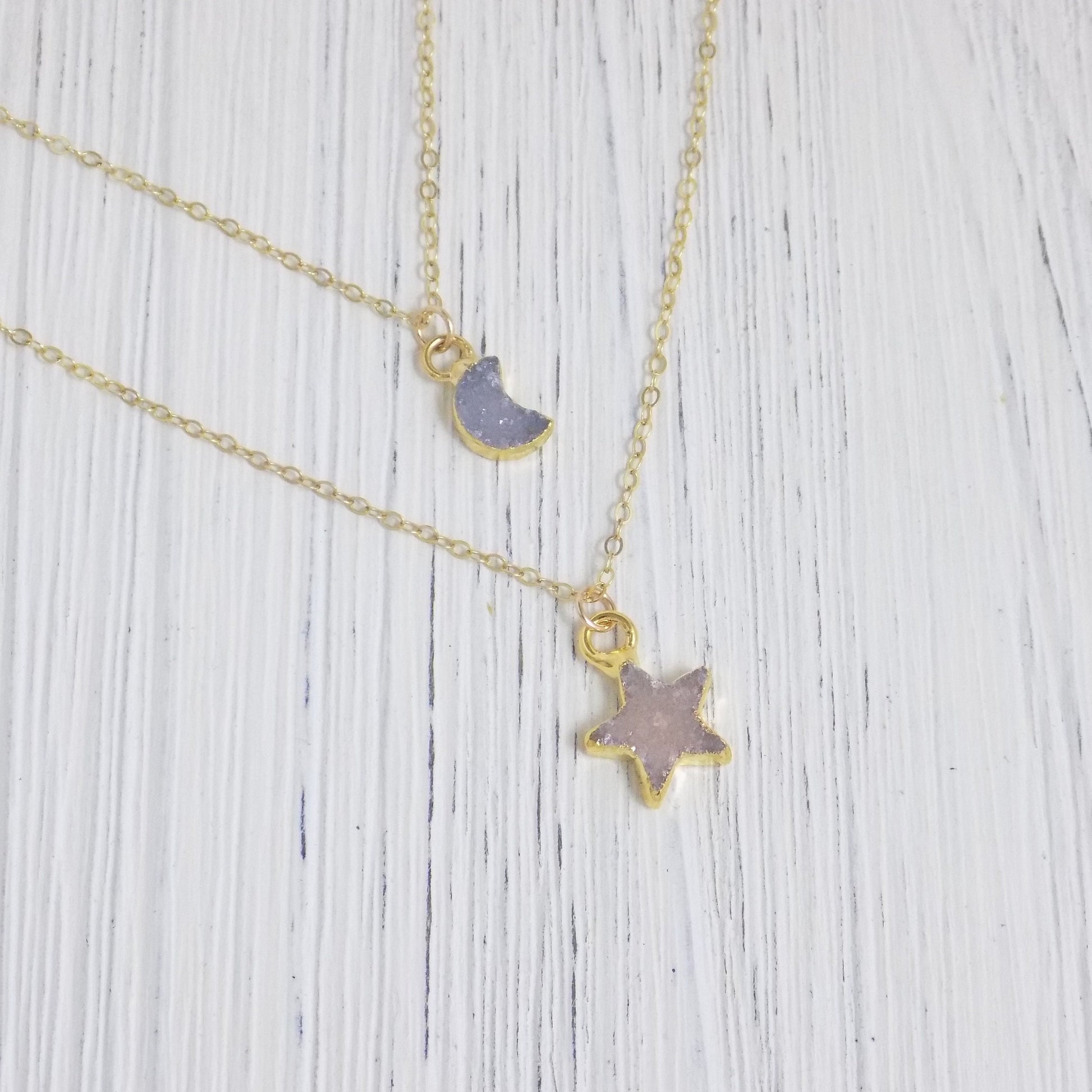 Tiny Moon and Star Druzy Necklaces on Gold Filled Chain - Celestial Jewelry