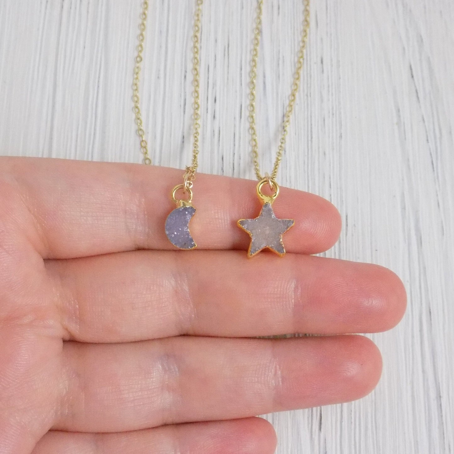 Tiny Moon and Star Druzy Necklaces on Gold Filled Chain - Celestial Jewelry