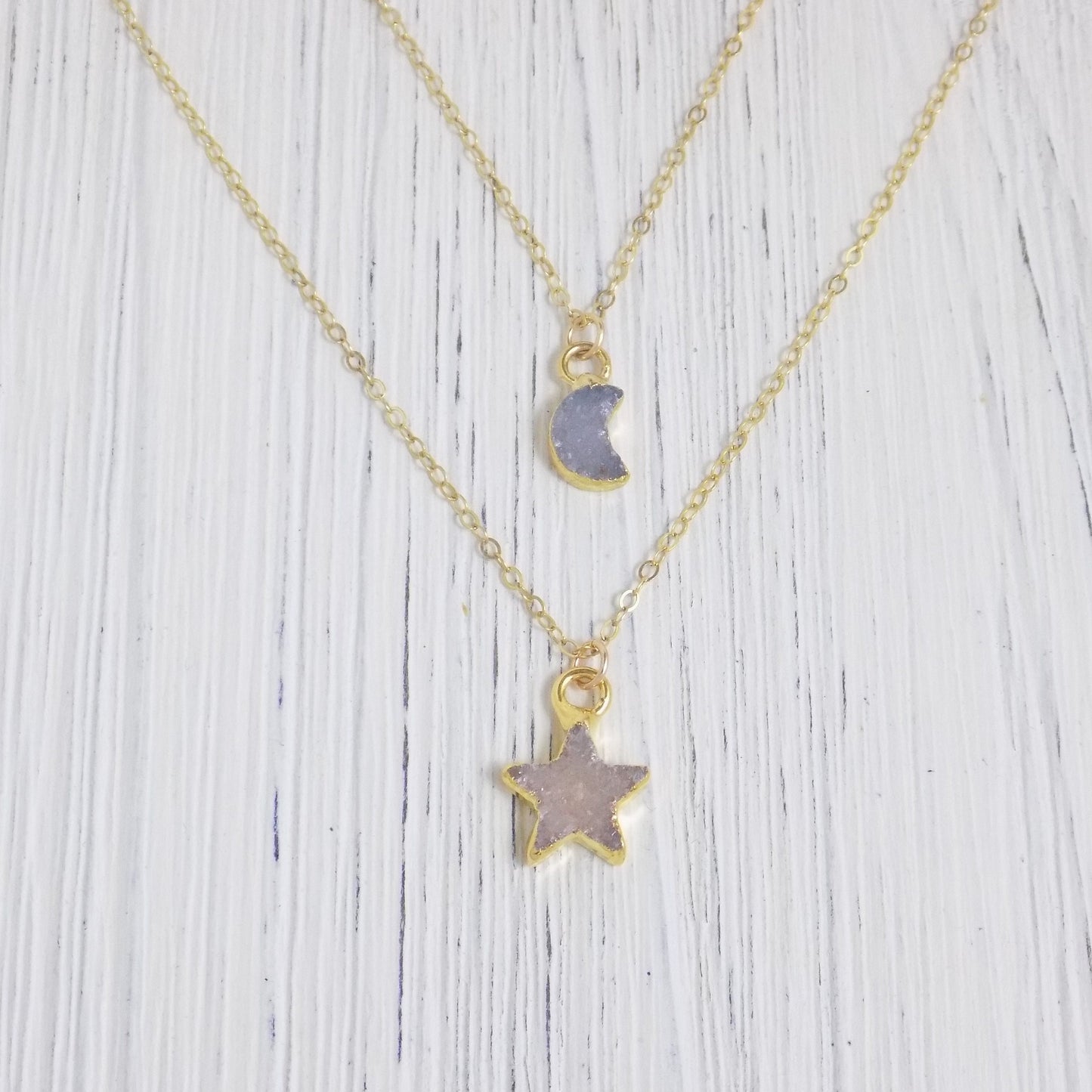 Tiny Moon and Star Druzy Necklaces on Gold Filled Chain - Celestial Jewelry