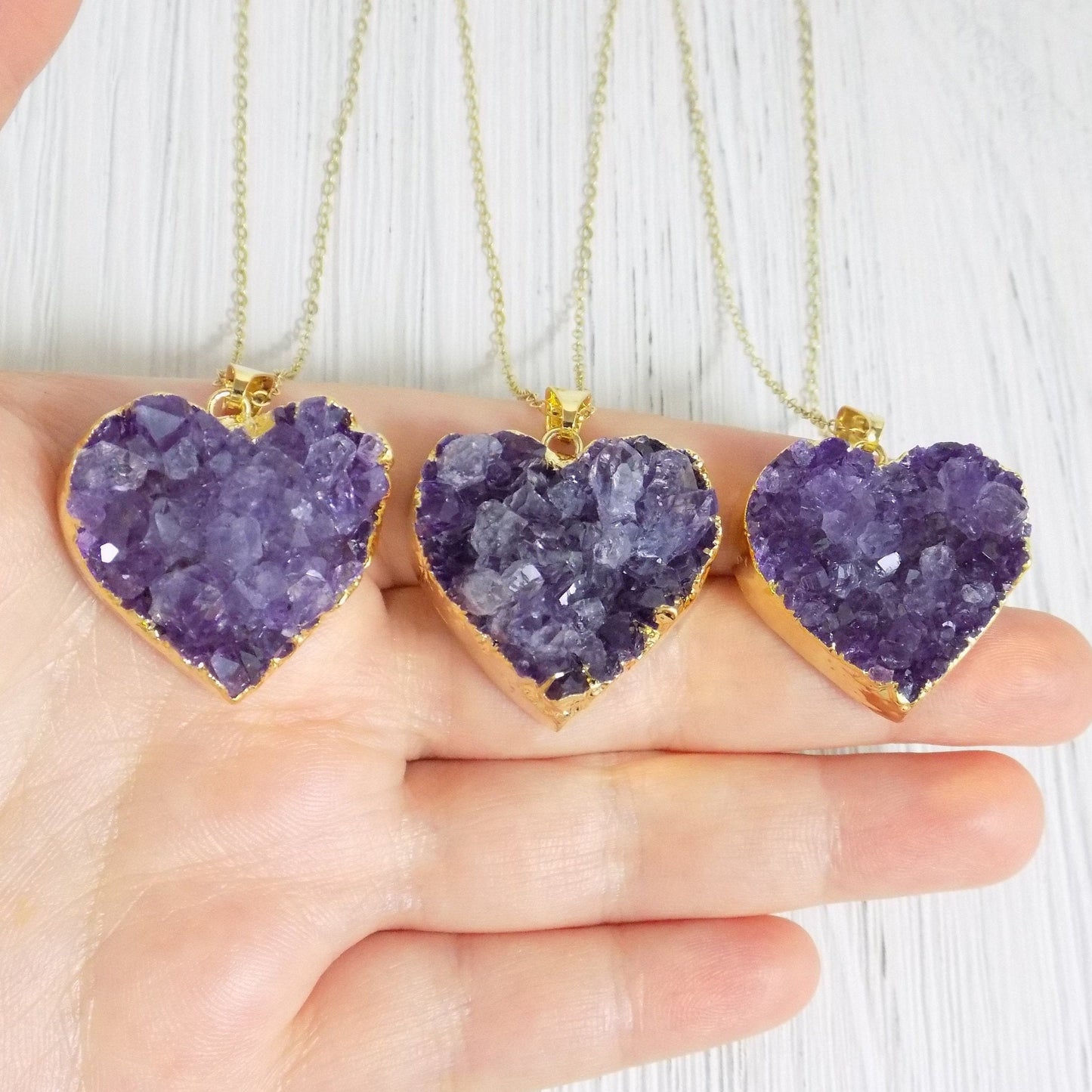 Heart Necklace, Amethyst Gemstone Necklace, Druzy Pendant, Gift Women, R11-06