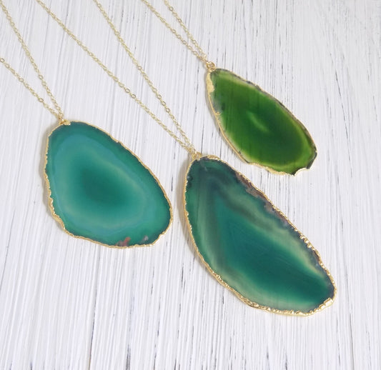 Agate Necklace, Green Agate, Slice Agate Pendant, Sliced Agate, Geode Necklace, Gold Layering, Boho, Unique Mothers Day Gift Women G13-256