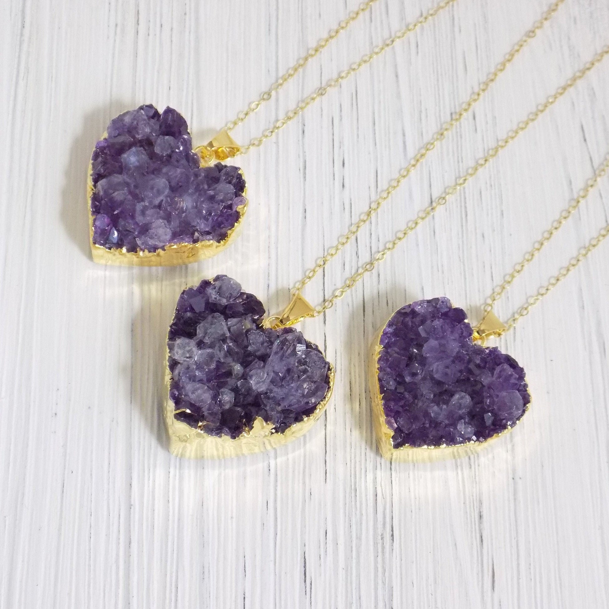 Heart Necklace, Amethyst Gemstone Necklace, Druzy Pendant, Gift Women, R11-06