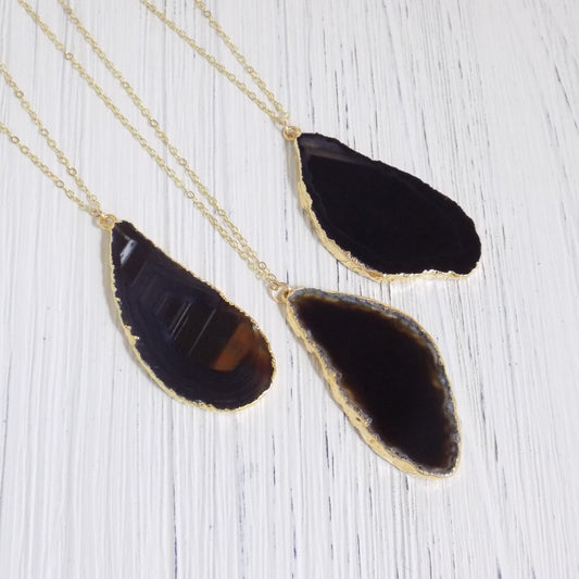 Black Agate Necklace 14K Gold Filled Chain - Long Slice Pendant Necklace