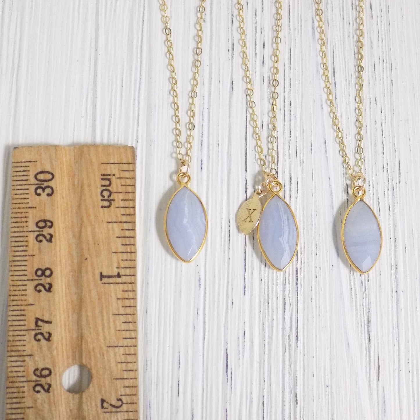 Natural Blue Lace Agate Necklace With Custom Initial on 14K Gold Filled Chain, M4-53