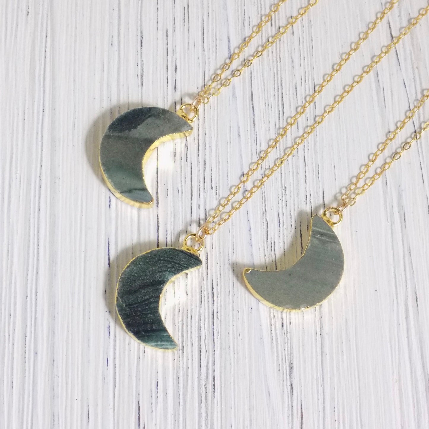 Crescent Moon Necklace Gold, Natural Green Jasper Pendant, Celestial Jewelry, Easter Gift Women, R8-30