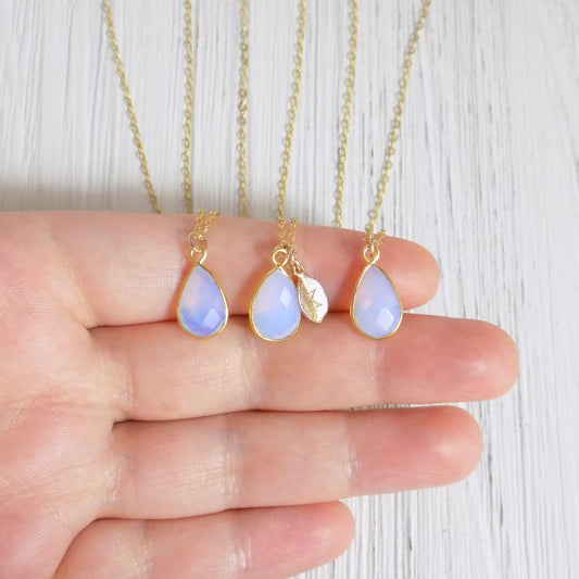 Mothers Day Gift, Opalite Necklace Gold, Personalized Initial, Teardrop Stone Necklace, Opal Jewelry Gifts Mom, Gift For Wife, M4-65