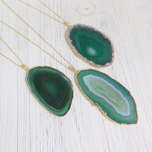 Boho Green Agate Necklace Gold, Geode Pendant Necklace, Statement Jewelry, Gift For Mom, G11-122