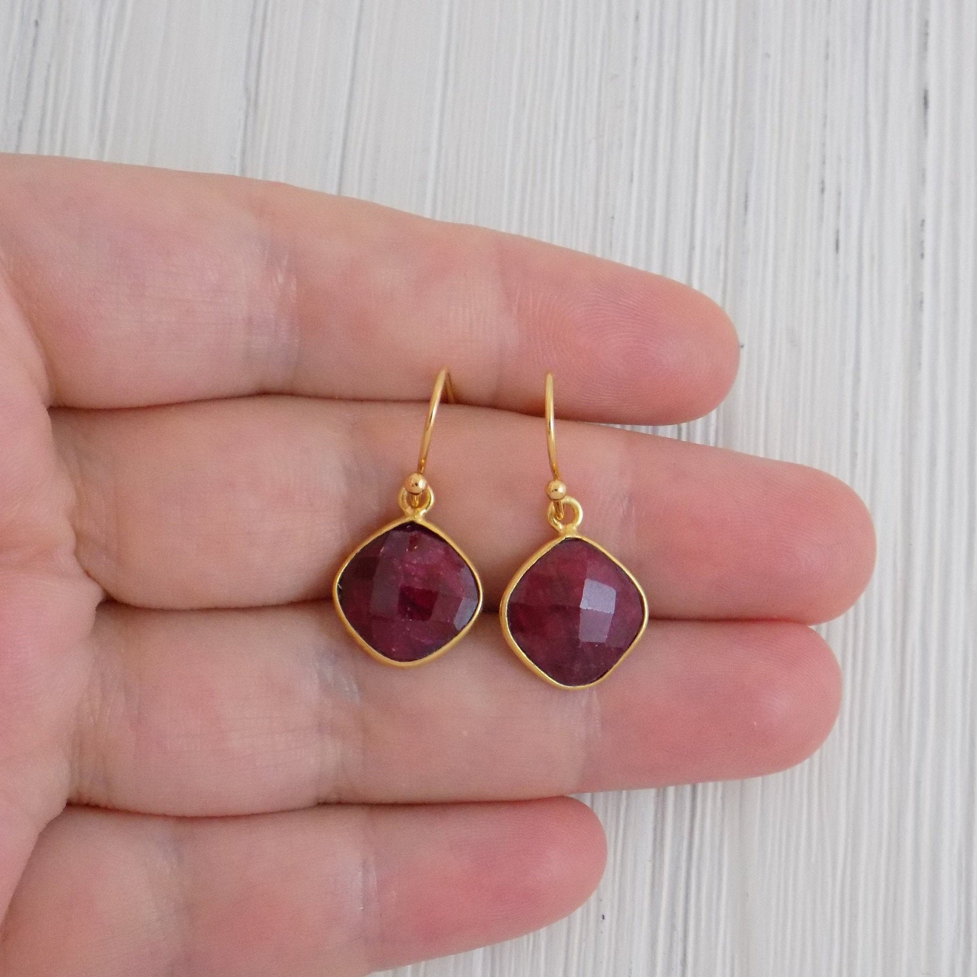 Cushion Cut Raw Ruby Drop Earrings Gold, July Birthstone, Dark Pink Gemstone, Gifts For Mom, M3-14