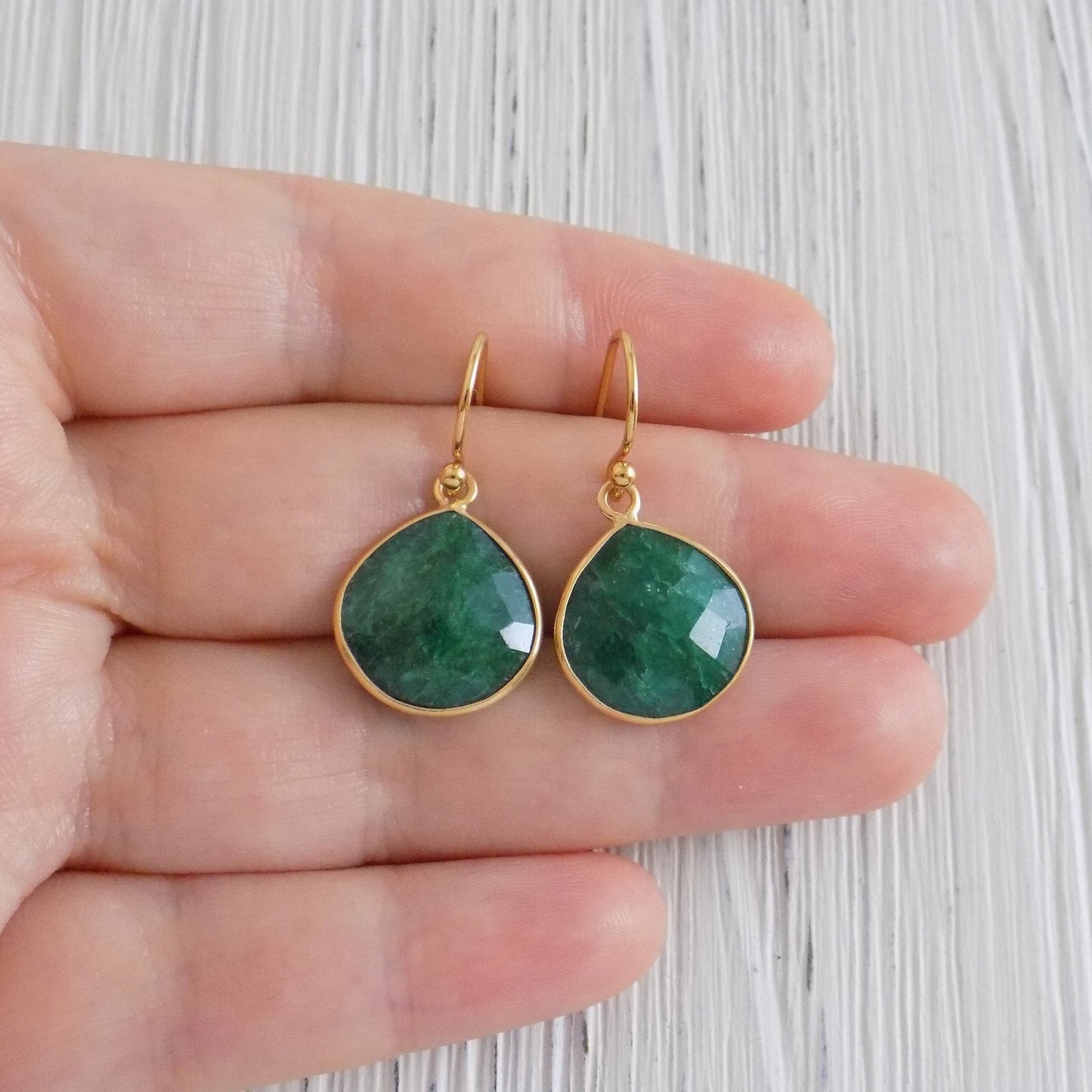 Emerald Gemstone Earrings Gold, Dark Green Genuine Raw Emerald Drop, Mothers Gift, M1-21