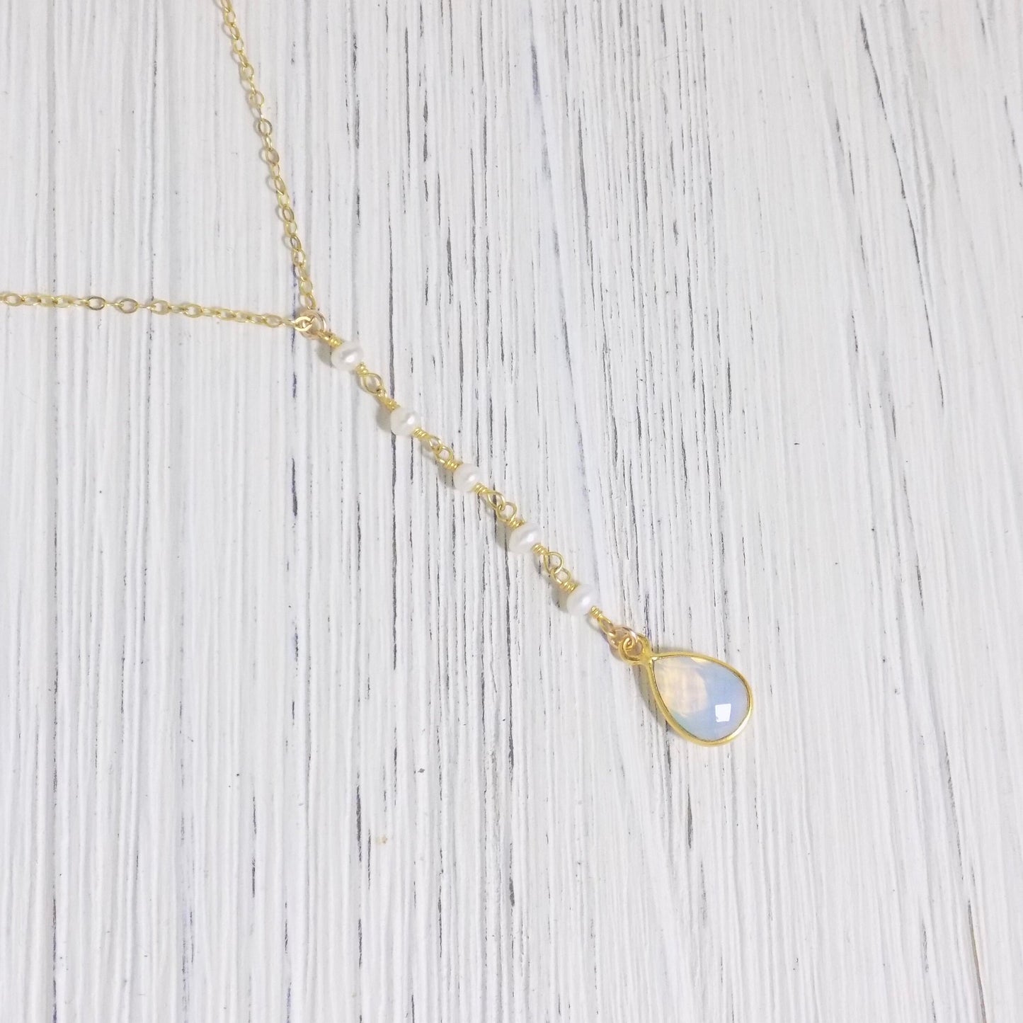 Freshwater Pearl Y Necklace Gold, Opal Lariat Necklace Gold, Opalite October Birthstone, Gifts For Wife, M4-107