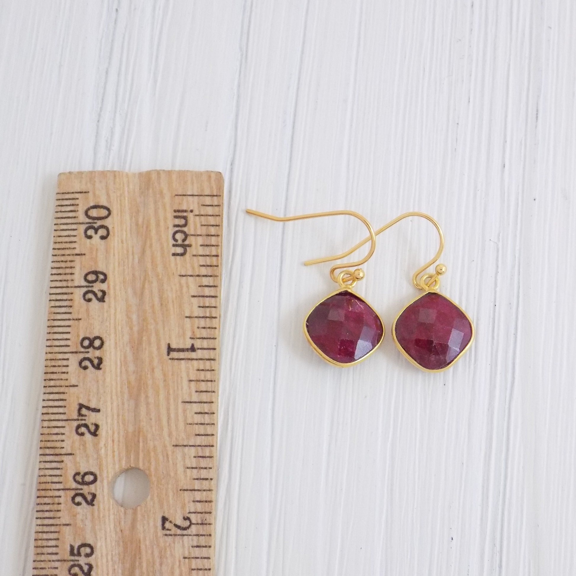 Cushion Cut Raw Ruby Drop Earrings Gold, July Birthstone, Dark Pink Gemstone, Gifts For Mom, M3-14