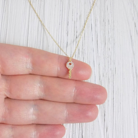 Gold Key Necklace, Tiny Cubic Zirconia Layering Necklace, Best Friend Gift, Gifts For Girlfriend, L4-53