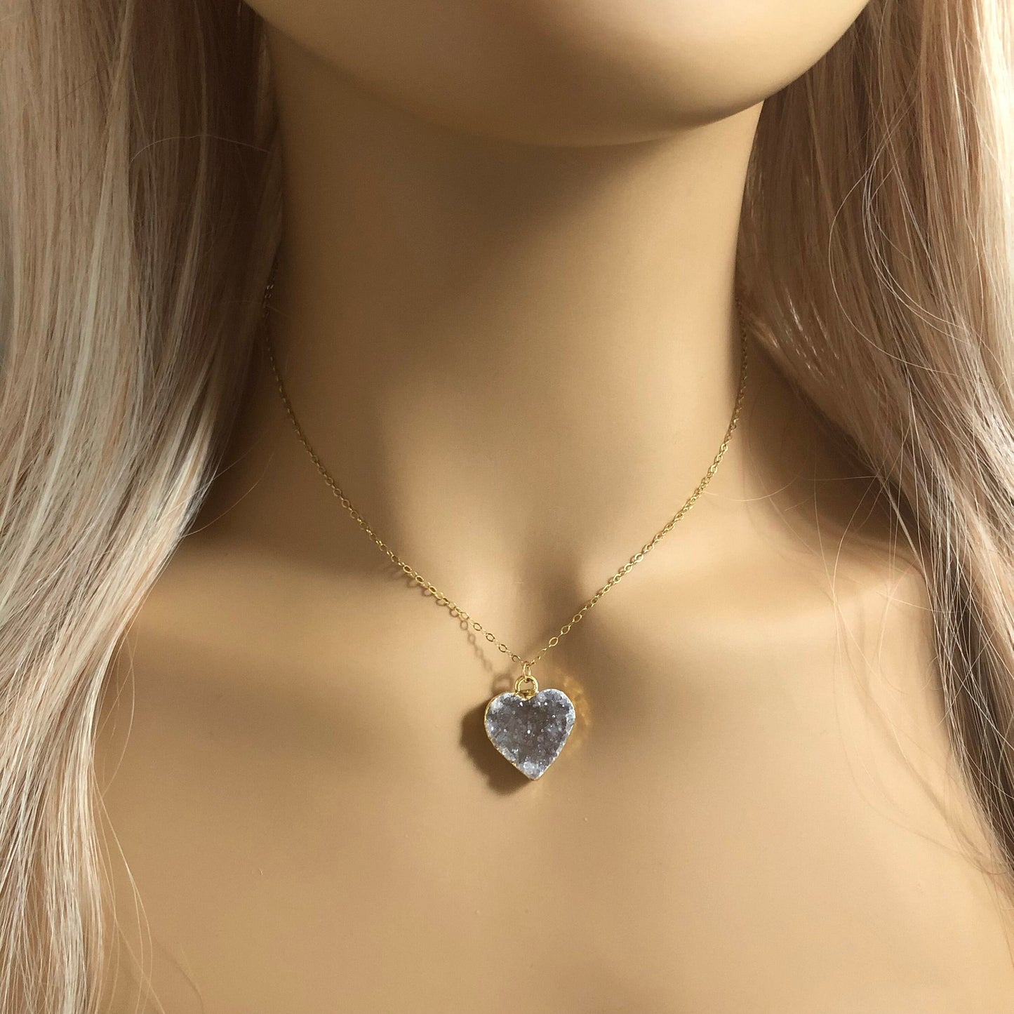 Heart Shaped Druzy Necklace - 14K Gold Filled Chain