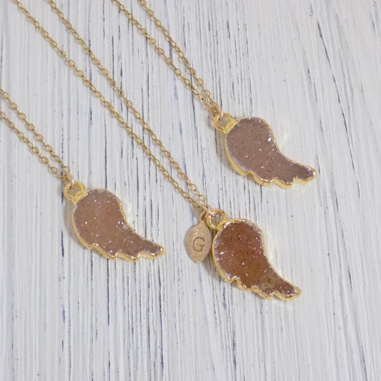 Personalized Angel Wing Necklace Gold Fill Chain - Citrine Drusy Necklace Druzy