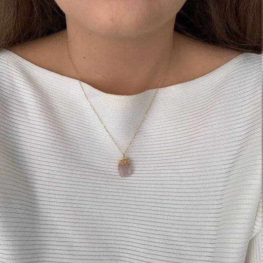 Raw Rose Quartz Pendant Necklace on 14K Gold Filled Chain - Heart Chakra