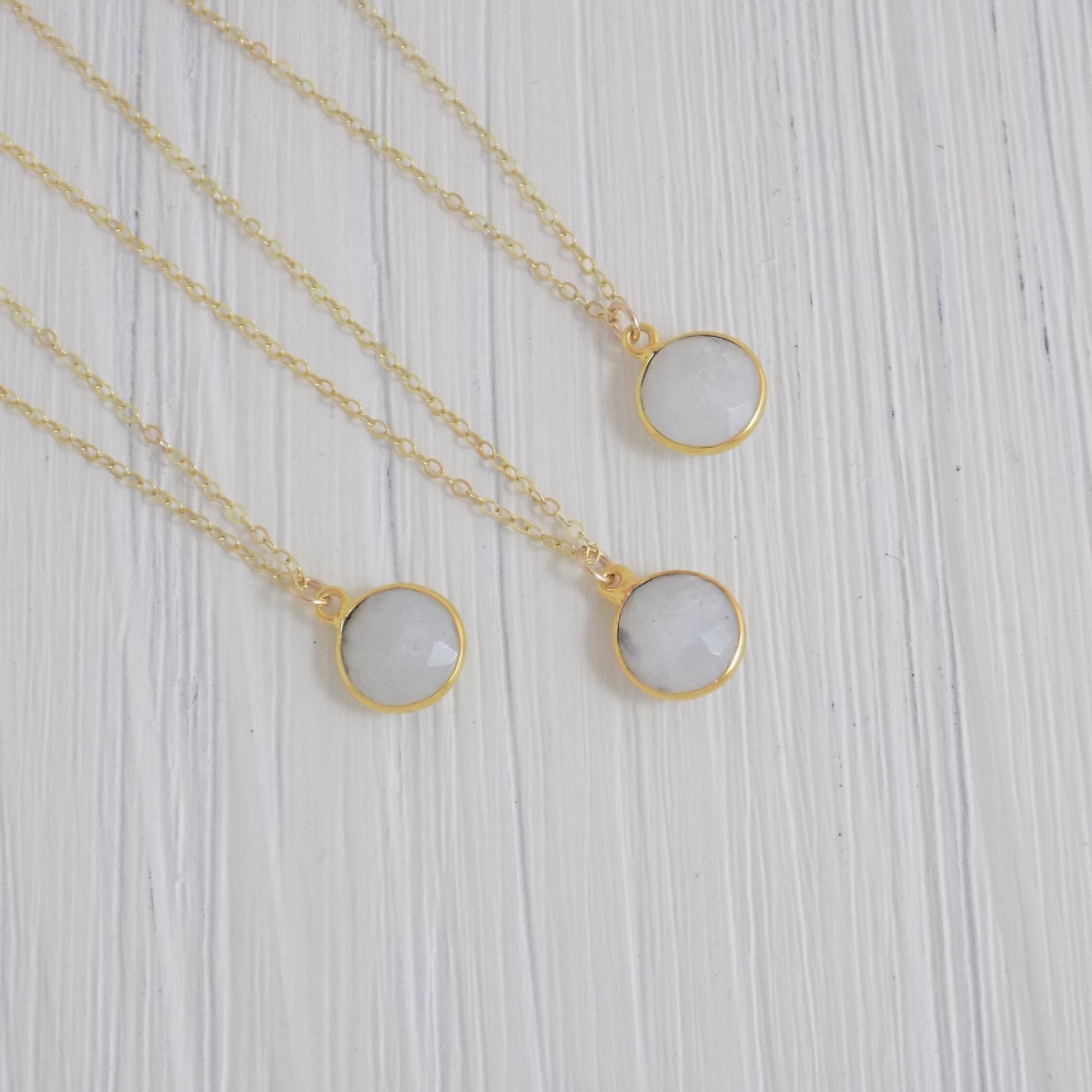 Round Moonstone Gemstone Necklace with Personalized Initial Gold, White Crystal, M3-12