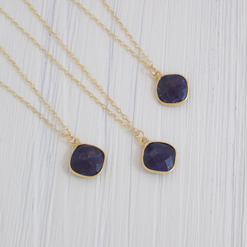 Navy Blue Sapphire Gemstone Necklace Gold Dipped with Personalized Charm, Gifts For Mom, M2-19