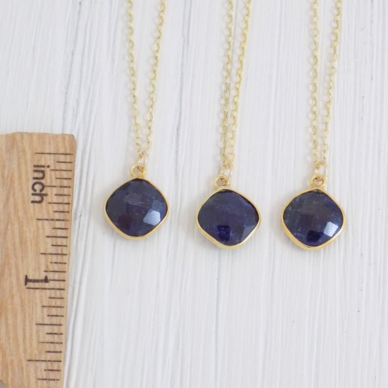 Navy Blue Sapphire Gemstone Necklace Gold Dipped with Personalized Charm, Gifts For Mom, M2-19