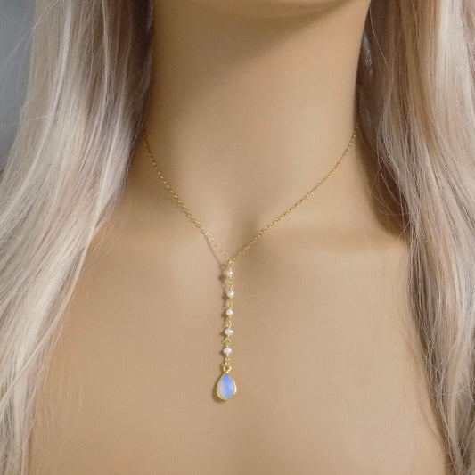 Freshwater Pearl Y Necklace Gold, Opal Lariat Necklace Gold, Opalite October Birthstone, Gifts For Wife, M4-107