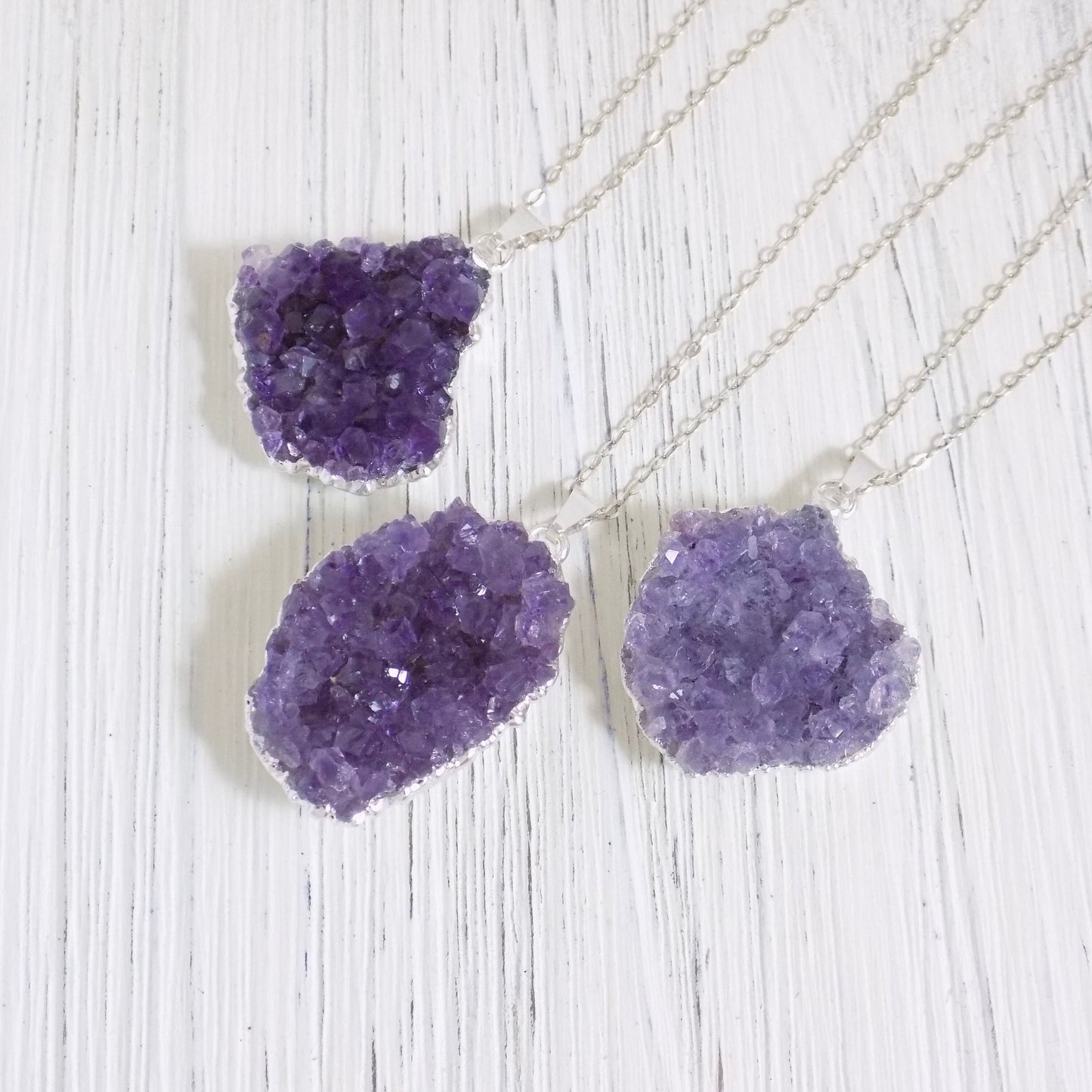 Raw Amethyst Necklace Sterling Silver Chain - Purple Druzy Necklace