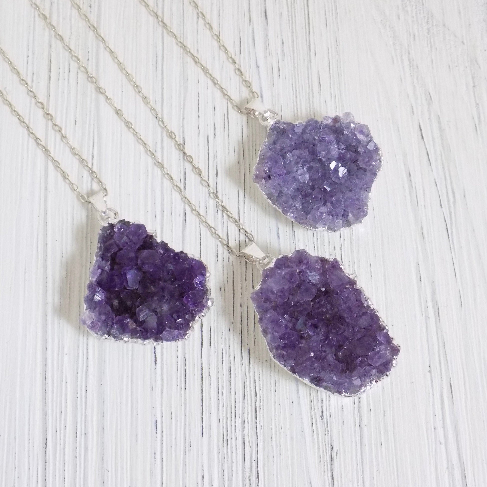 Raw Amethyst Necklace Sterling Silver Chain - Purple Druzy Necklace