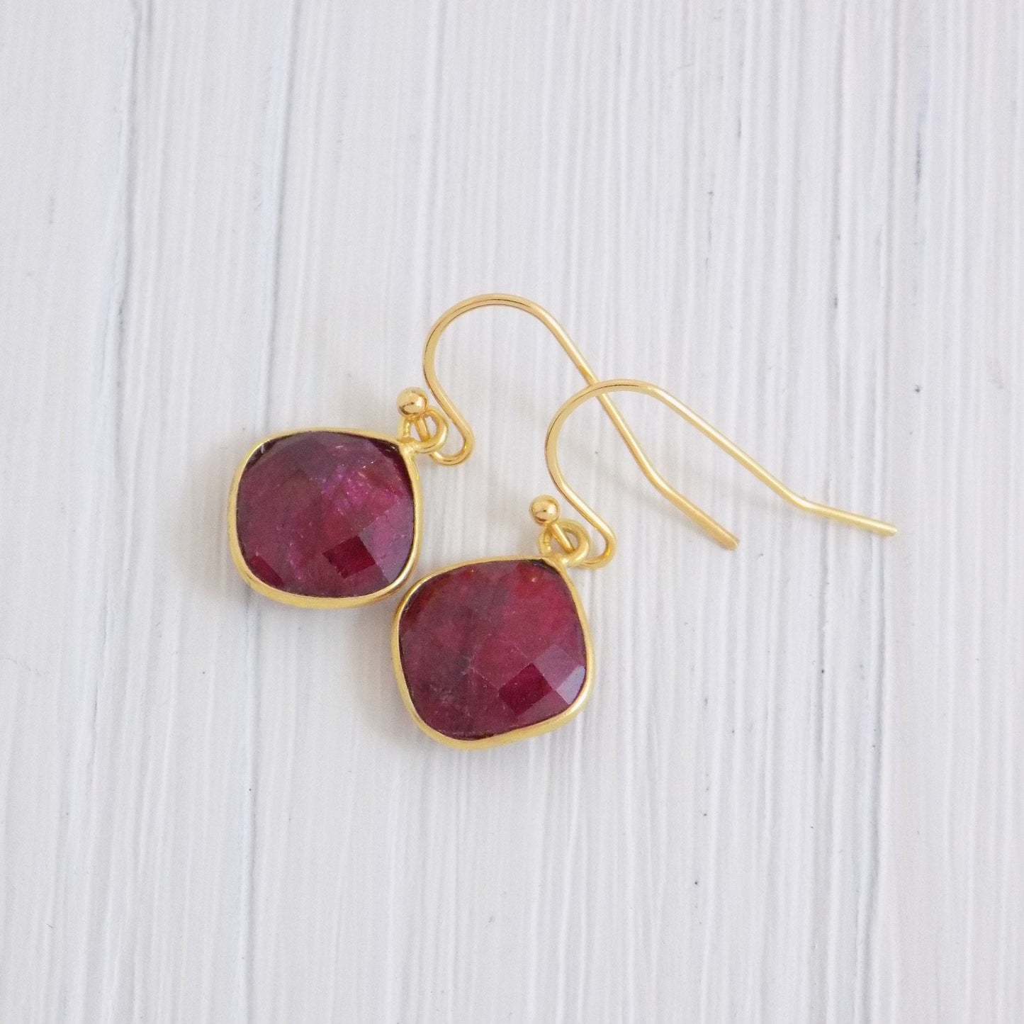 Cushion Cut Raw Ruby Drop Earrings Gold, July Birthstone, Dark Pink Gemstone, Gifts For Mom, M3-14