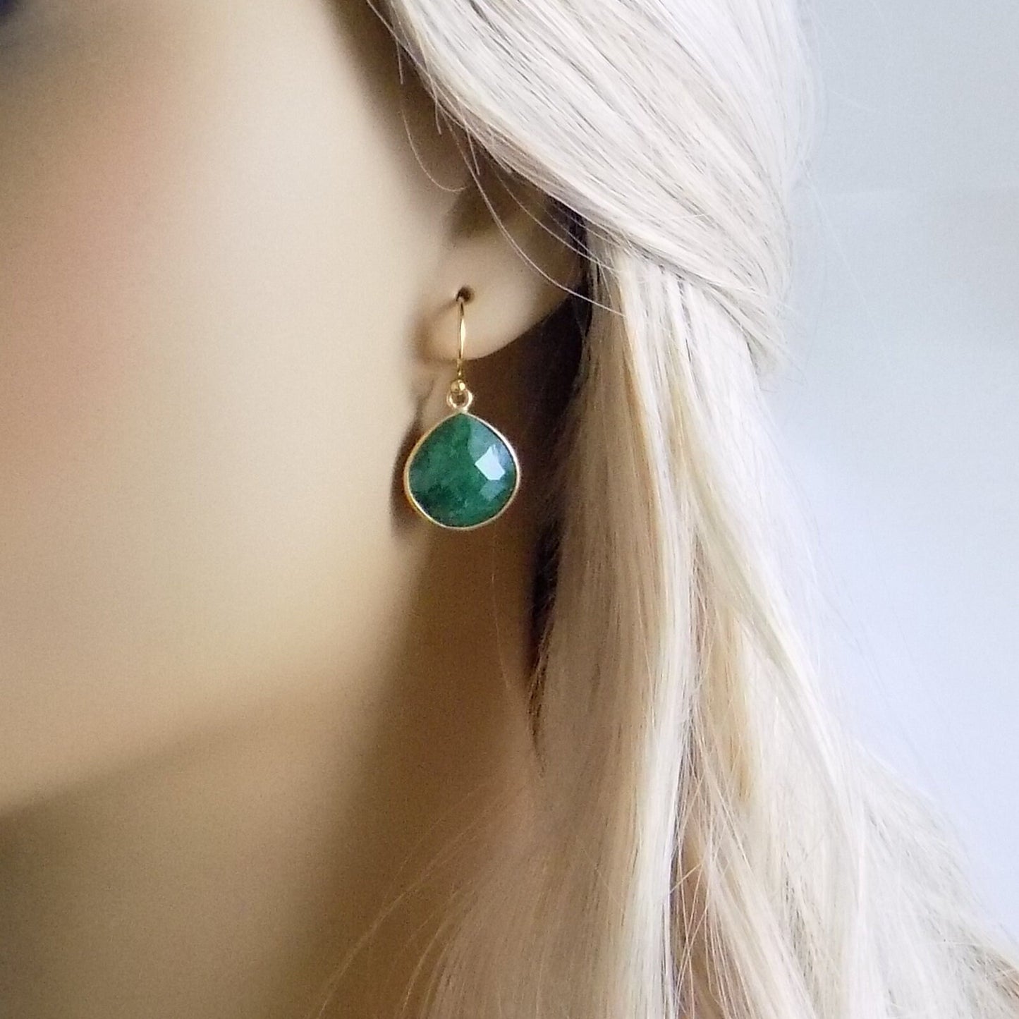 Emerald Gemstone Earrings Gold, Dark Green Genuine Raw Emerald Drop, Mothers Gift, M1-21