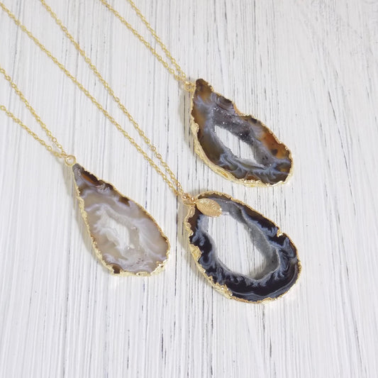 Natural Geode Necklace Gold, Large Geode Pendant, Geode Slice, Druzy Pendant, Gray Geode Slice, Long Layer, Custom Personalized Gift G13-15