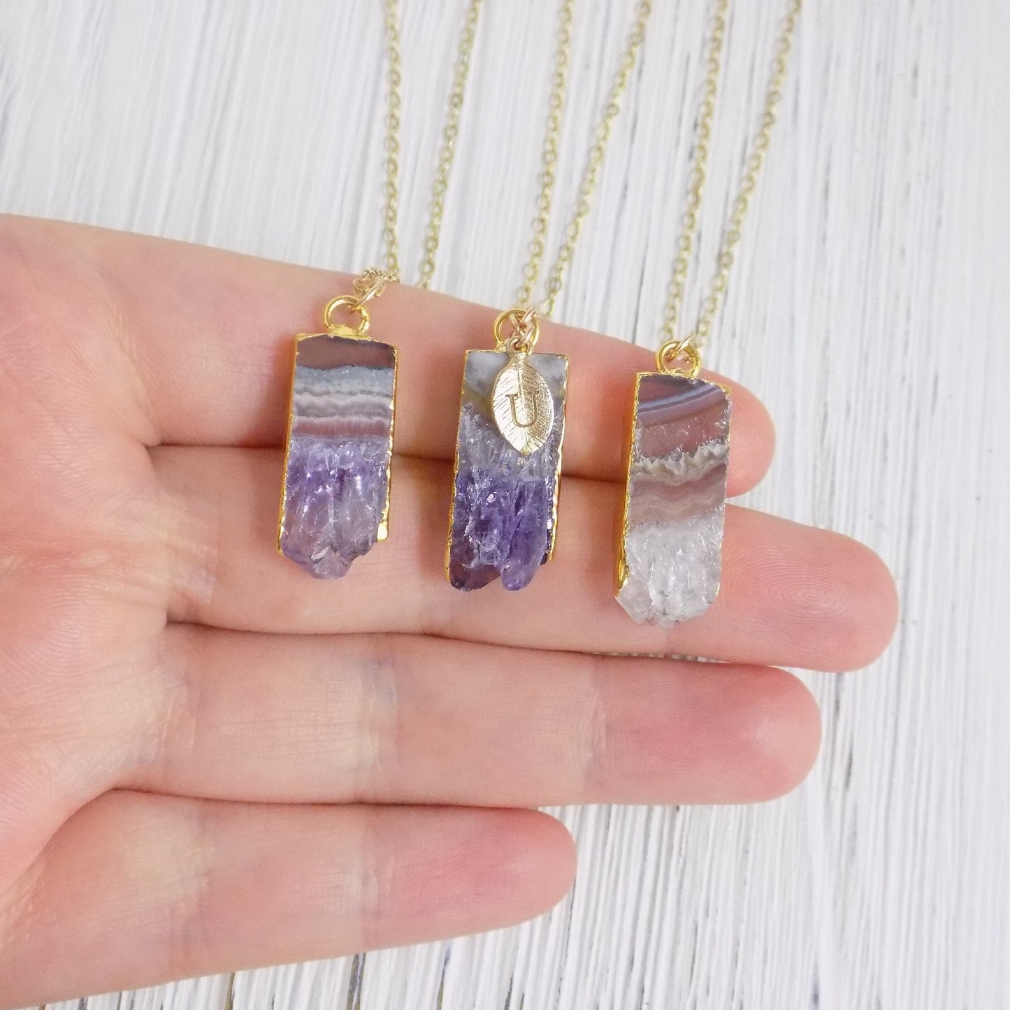 Personalized Necklace, Crystal Necklace, Amethyst Slice, Initial Necklace, Gold Amethyst, Druzy Necklace, Purple Crystal, Long Layer R14-12