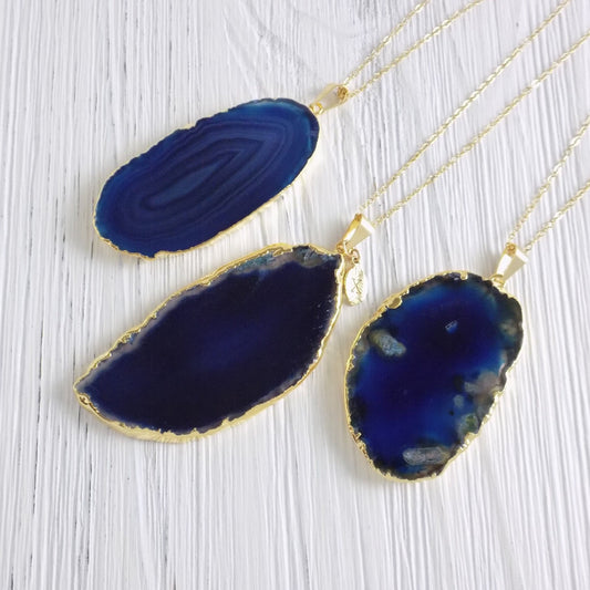 Gold Agate Necklace Blue - Slice Agate Pendant Gemstone Necklace Large