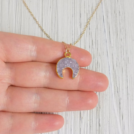 Minimalist Double Horn Druzy Necklace, Crescent Moon Pendant Gold For Layering, R5-13