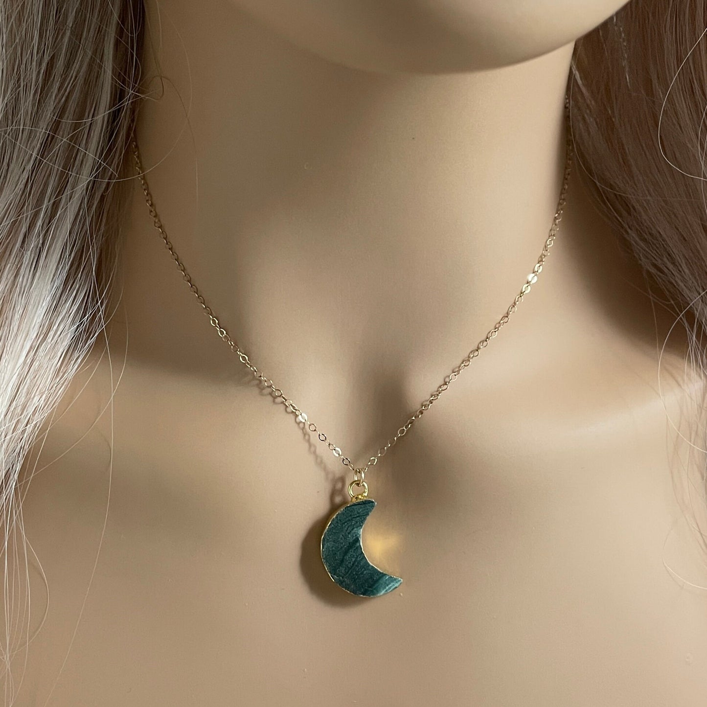 Crescent Moon Necklace Gold, Natural Green Jasper Pendant, Celestial Jewelry, Easter Gift Women, R8-30