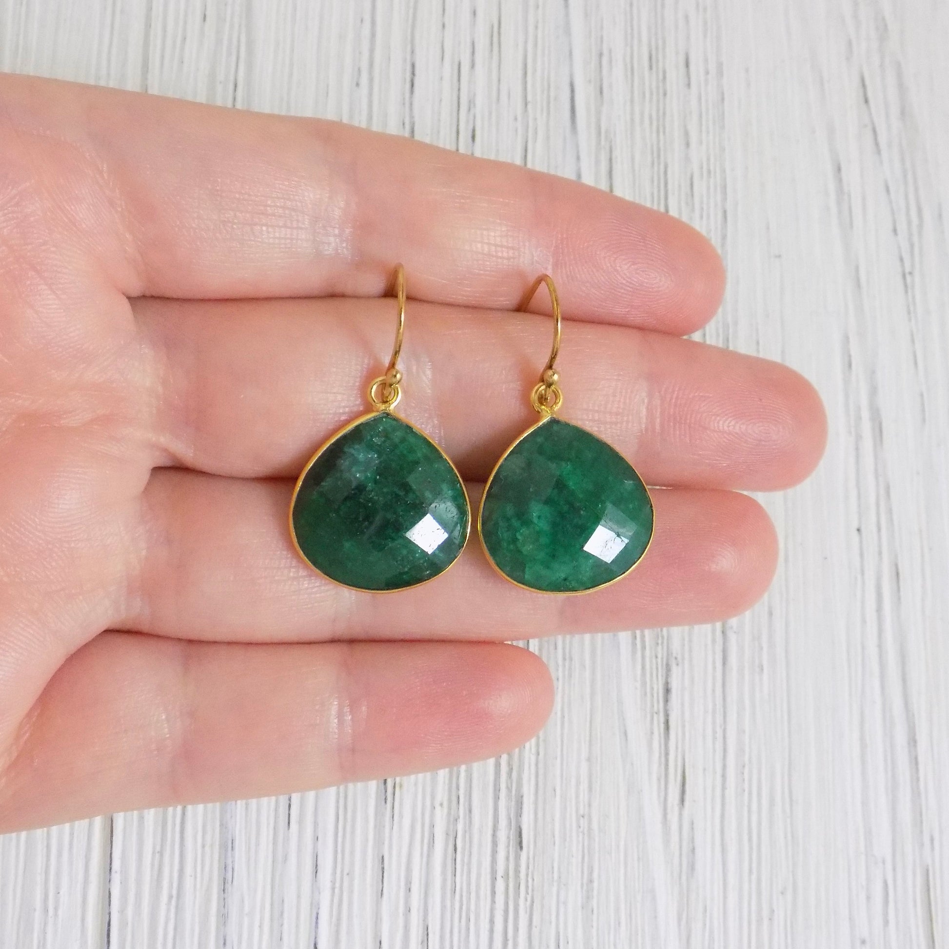 Green Emerald Earrings, Gold Emerald Dangle Earring, May Birthstone, Green Stone Teardrop, Mothers Gift, M5-339