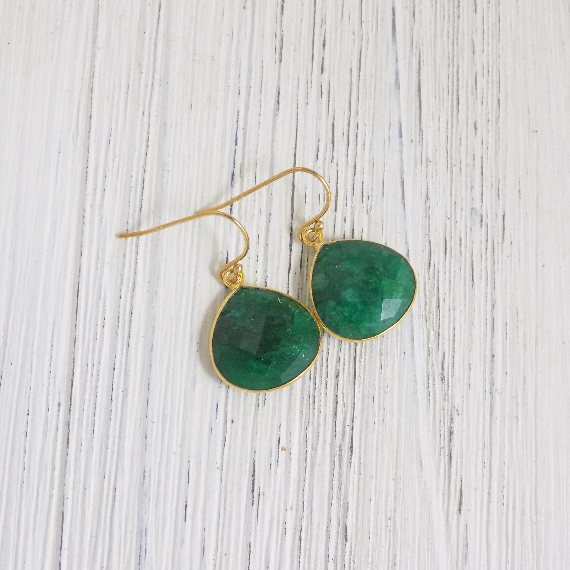 Green Emerald Earrings, Gold Emerald Dangle Earring, May Birthstone, Green Stone Teardrop, Mothers Gift, M5-339