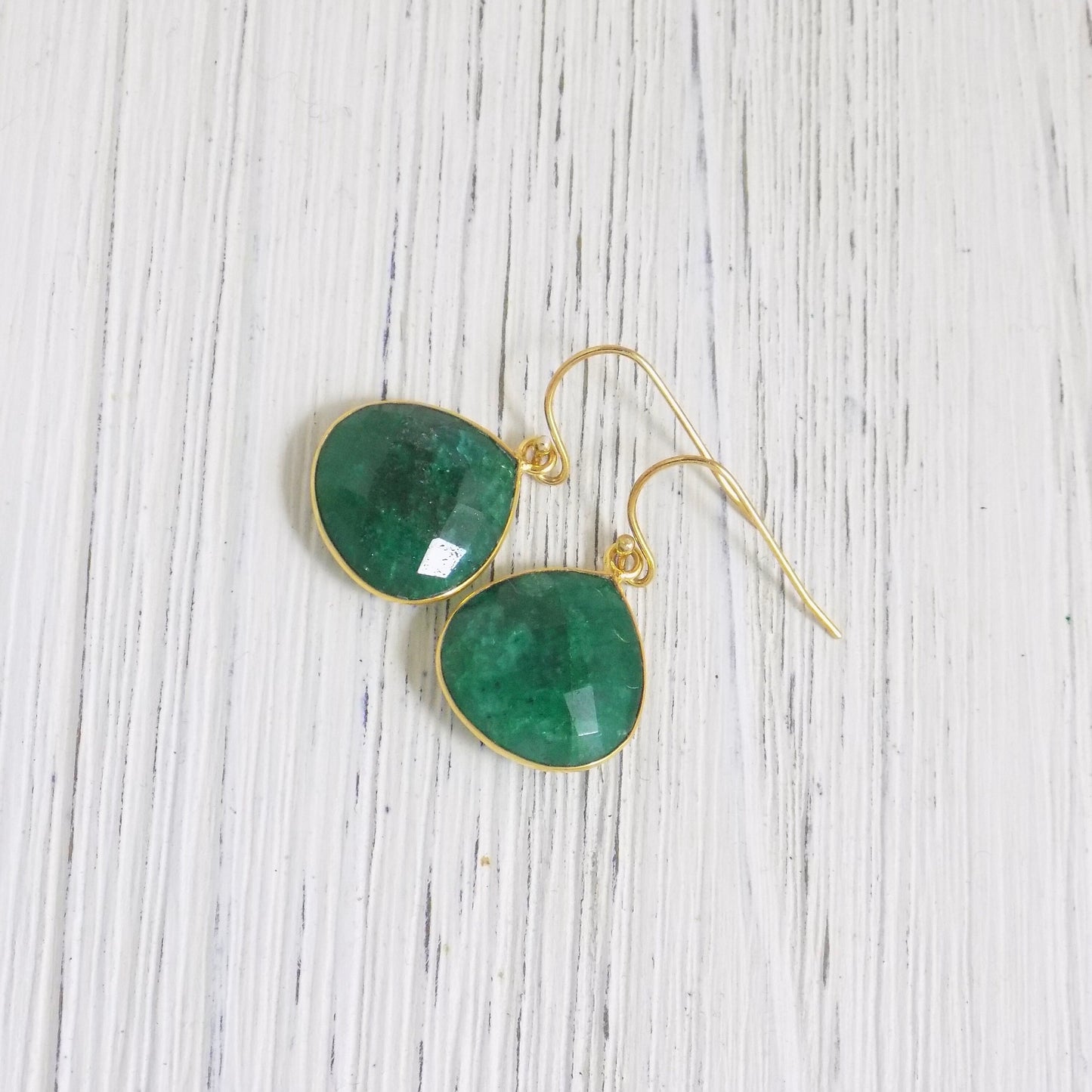 Green Emerald Earrings, Gold Emerald Dangle Earring, May Birthstone, Green Stone Teardrop, Mothers Gift, M5-339