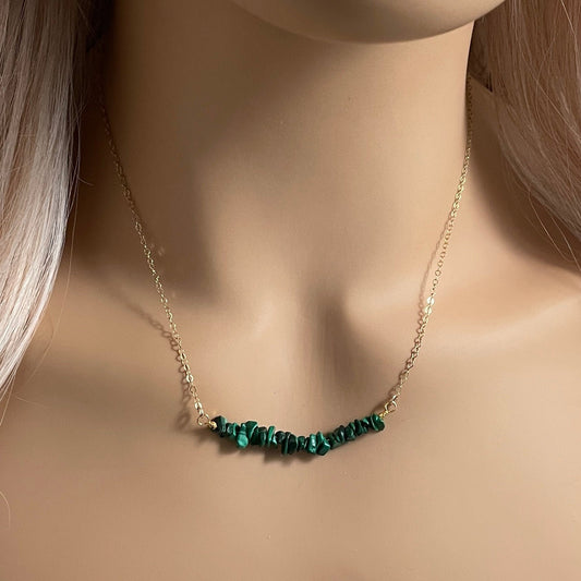 Green Malachite Gemstone Bar Necklace on 14K Gold Filled Chain, M5-332