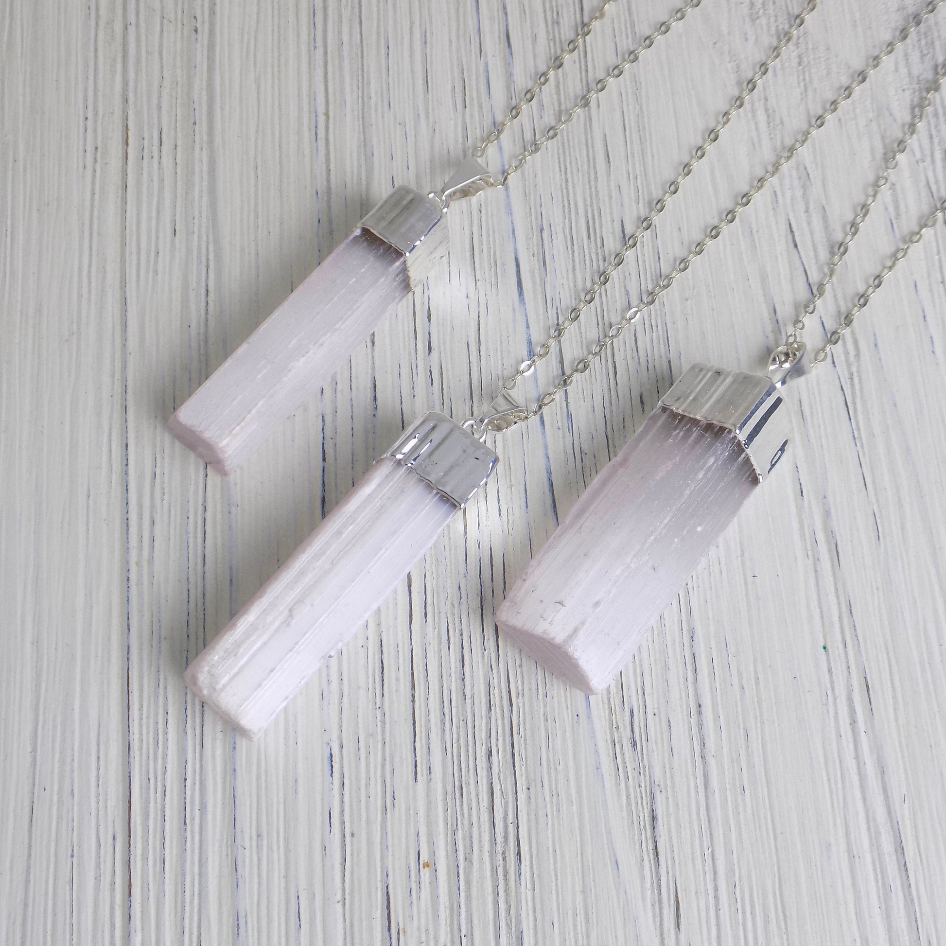 Pink Selenite Necklace Silver - Raw Selenite Pendant Necklace