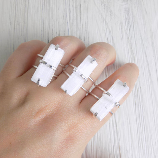 Boho White Crystal Rings For Women, Raw White Selenite, Calming Chakra Stone Large, Adjustable Band Silver Plated, G13-100