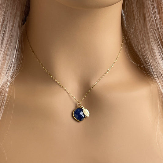 Natural Blue Sapphire Gemstone Necklace With Custom Initial on 14K Gold Filled Chain, M5-398