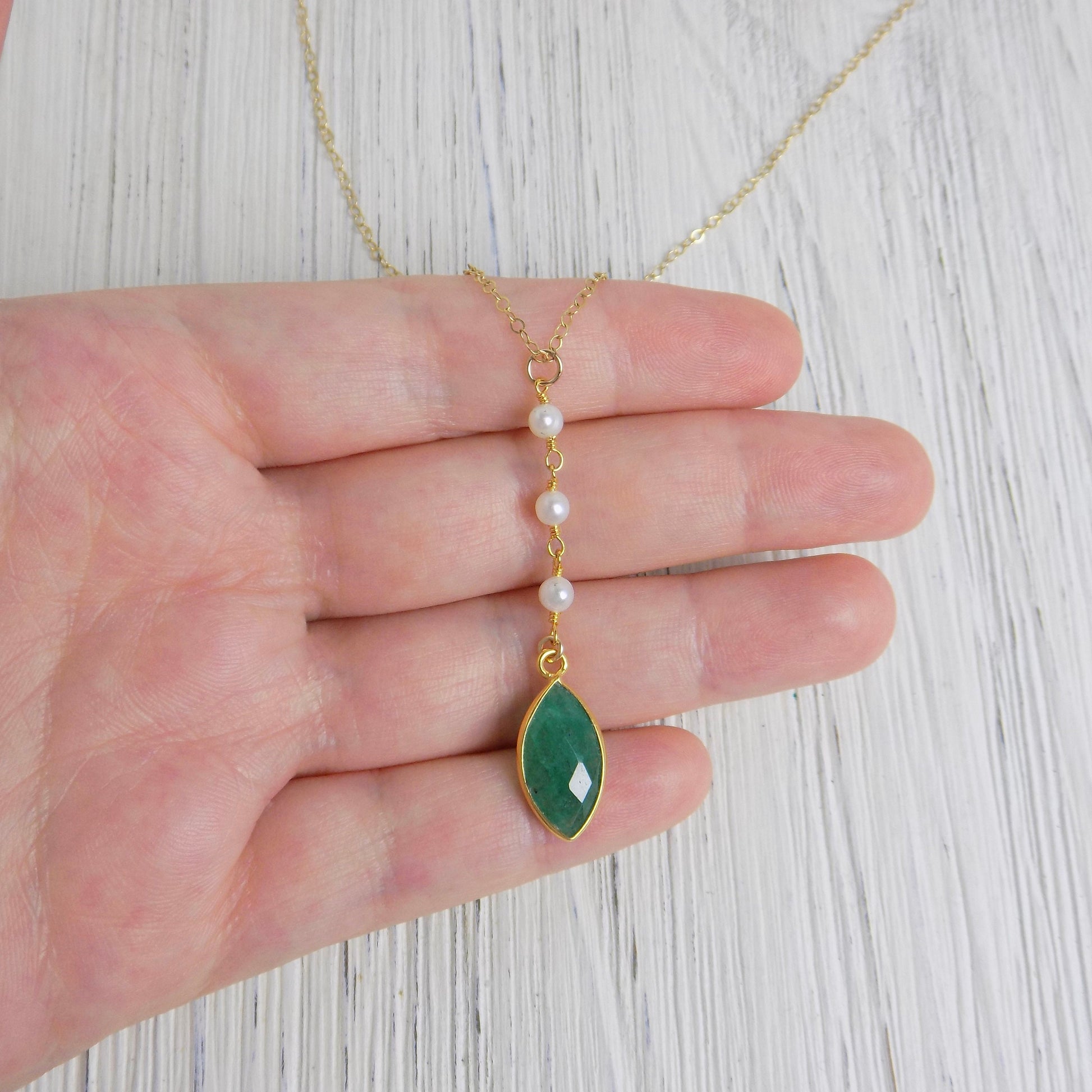 Green Emerald Lariat Necklace, Pearl Y Necklace, May Birthstone Necklaces, Genuine Emerald, Bridal Jewelry, M5-407