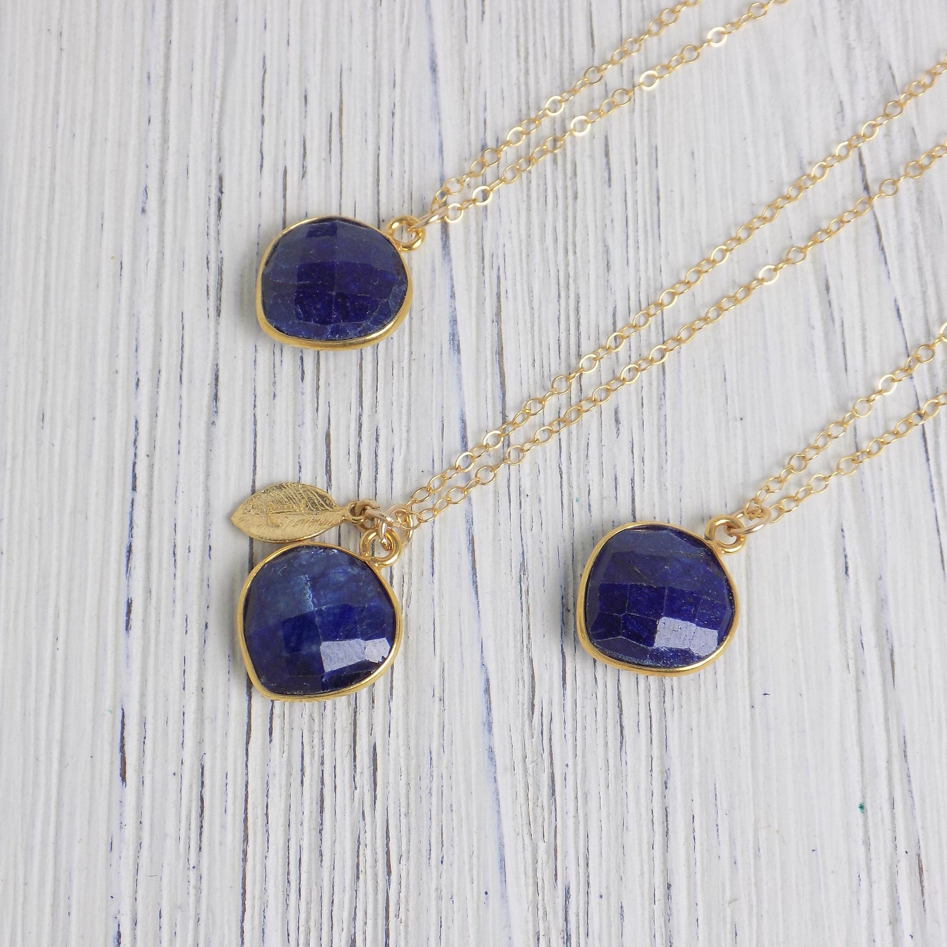 Natural Blue Sapphire Gemstone Necklace With Custom Initial on 14K Gold Filled Chain, M5-398