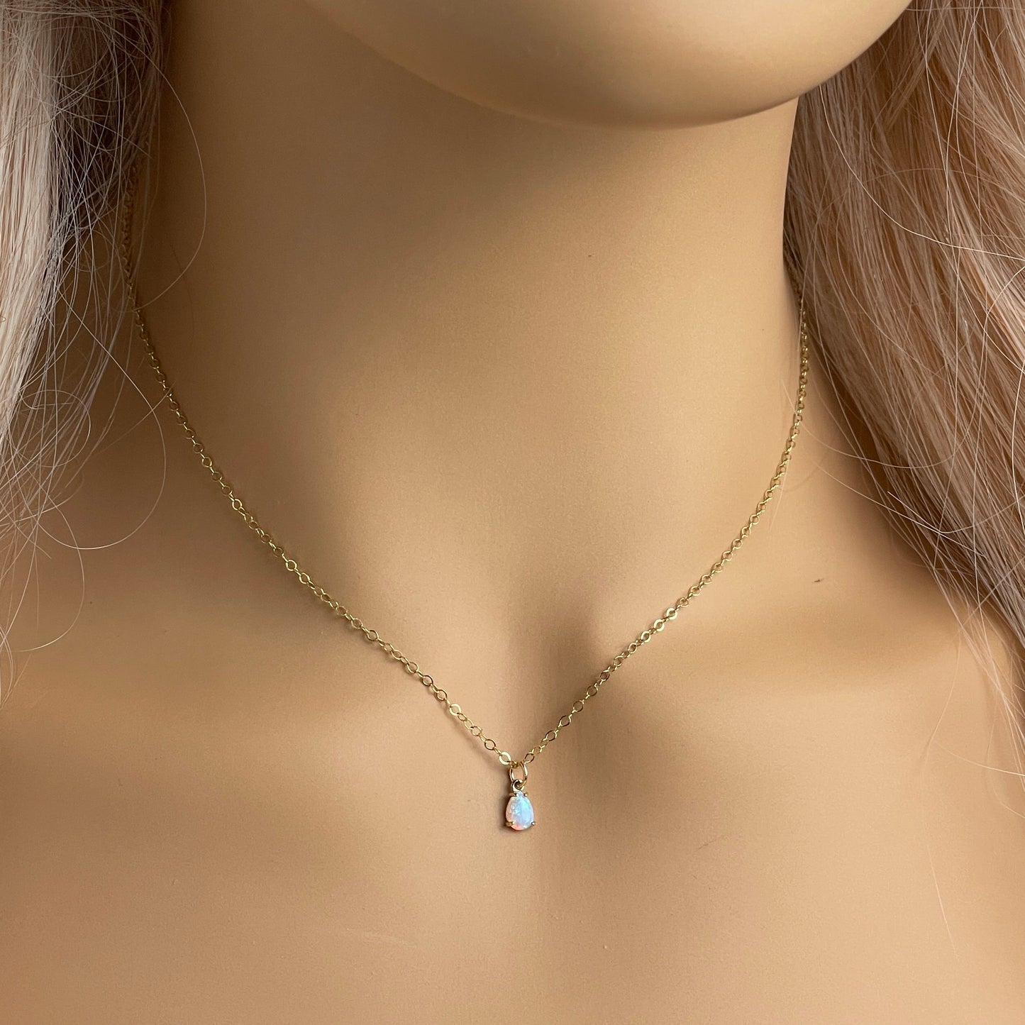 Mothers Day Gift, Tiny Opal Necklace Gold, 14K Gold Filled Chain, Teardrop Opal Charm Necklaces, L4-52