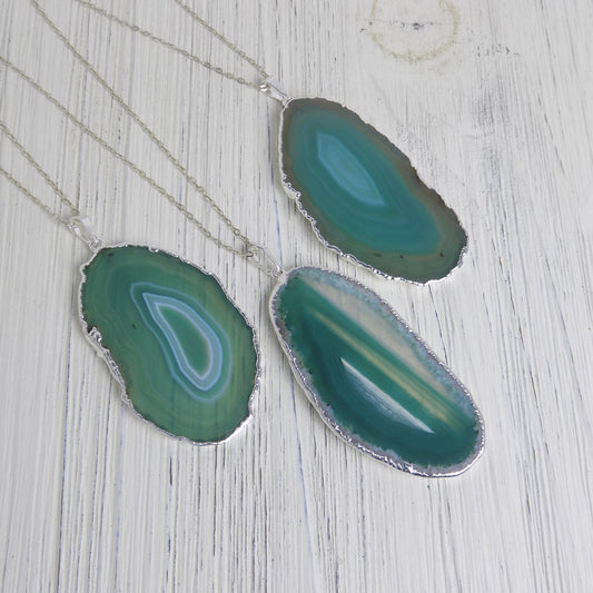 Agate Necklace Silver - Green Agate Pendant Necklace