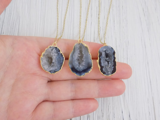 Black Geode Necklace Gold Fill - Small Geode Cave Druzy