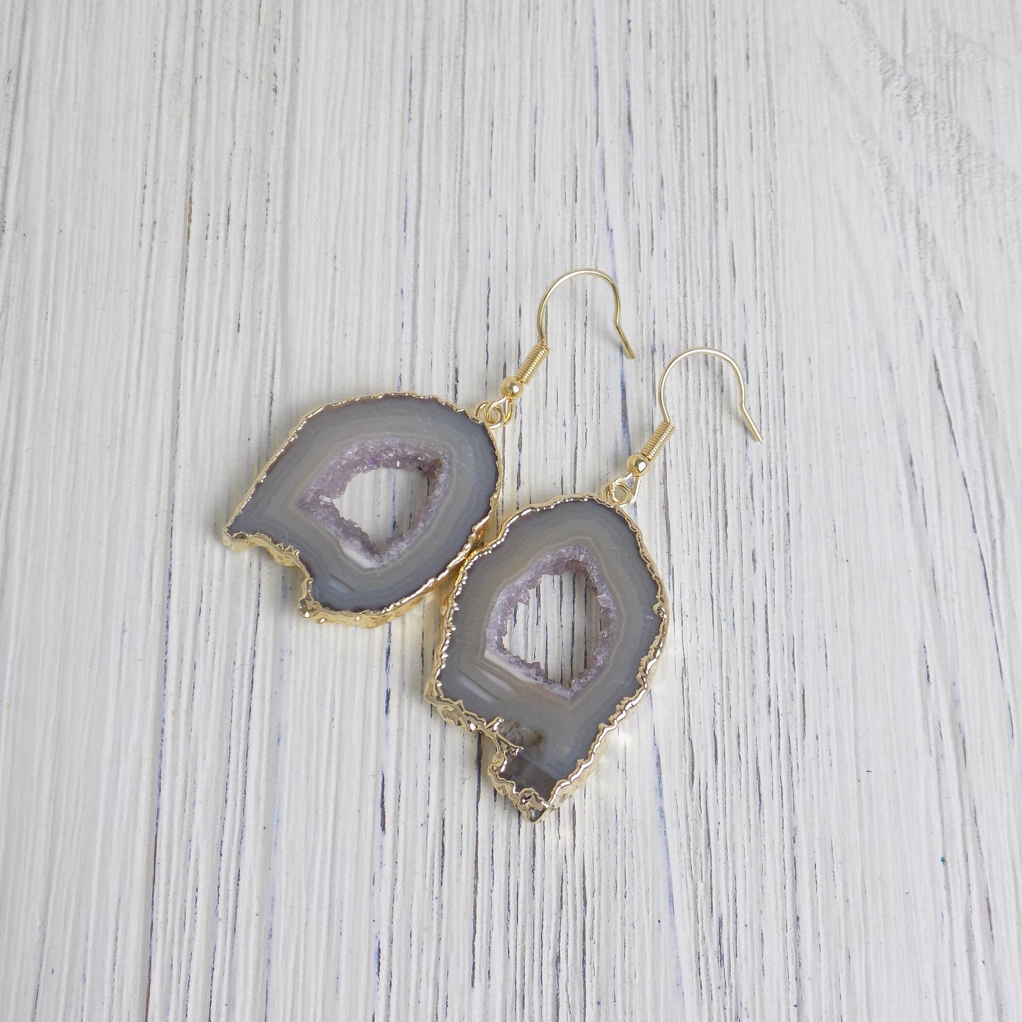 Unique Geode Earrings, Druzy Earrings, Gray Gemstone Dangle Drop, Geode Slice Gold, Bridesmaid Gift For Best Friend, G13-218